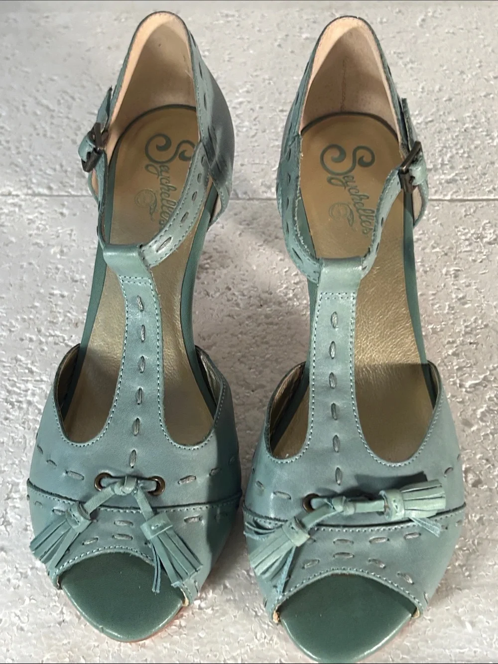 Seychelles SZ 10 Aqua T-Strap Peep Toe Heel Tassel Retro Vintage 40S Rockabilly